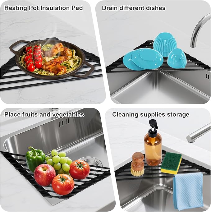 HANZENMA Triangular Sink Rack, Multi-Functional Rack Above the countertop, Foldable Sink Drying mat, Heat-Resistant, Non-Slip, and Rust-Proof Dish Rack (Black) - Image 3