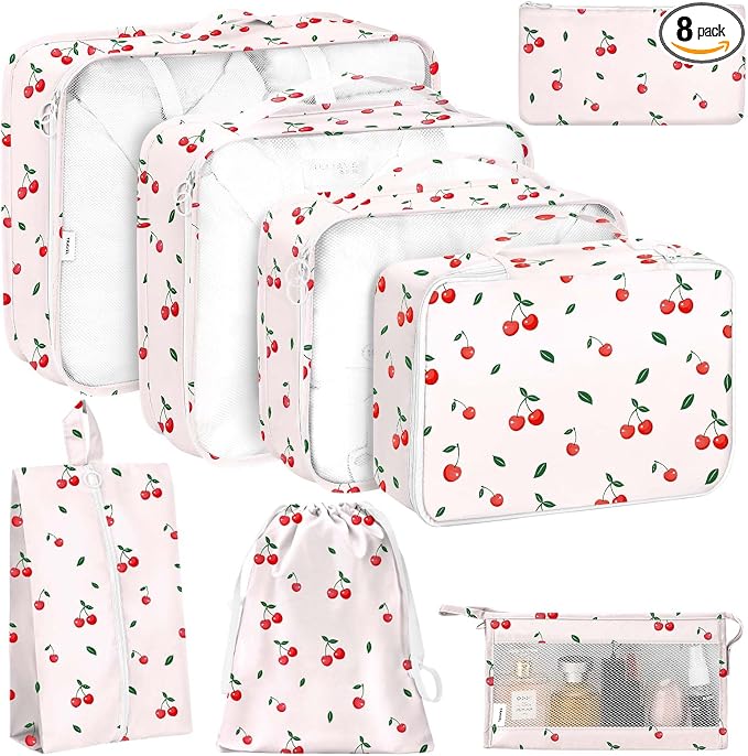 KPX 8 Set Packing Cubes for Travel, Luggage Packing Organizers Accessories Large Toiletries Bag for Clothes Shoes Cosmetics (Cherry) by KPX