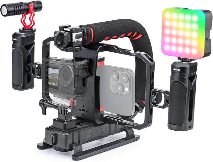 Zeadio All-in-One Video Rig Kit, Handheld Stabilizer with Aluminum Phone Cage, RGB LED Light & Shotgun Microphone, Perfect for Vlogging YouTube TikTok Filmmaking etc by Zeadio