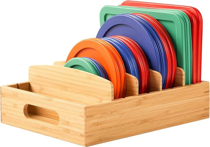 Bamboo Food Container Lid Organizer for Kitchen Cabinet and Drawer | Adjustable Slots - Premium Bamboo, Pretty Color - Sturdy Versatile Caddy for Snack, Spice - Anti-Skid Silicone Pads by Umilife