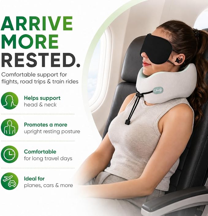 Memory Foam Travel Neck Pillow for Airplane Travel, Head and Chin Support, Adjustable Strap, Washable Cover, Carry Case - Image 6