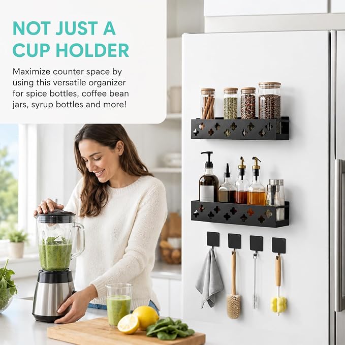Magnetic Water Bottle Organizer for Fridge, Magnetic Cup Holder for 30 40 Oz with Tumbler Lid & Straw Organizer & Magnet Hooks, 8 Tumblers Kitchen Storage Rack for Cup Accessories, Space-Saving - Image 7
