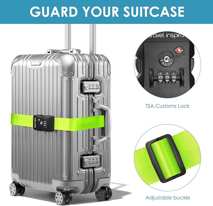 Travel Inspira Heavy Duty Luggage Straps with TSA Lock | Anti-Burst Protection; High Visibility Green; TSA-Lock Belt with Tag; Adjustable 103-200cm; 20-28 Inch Bags; Anti-Burst - Image 2