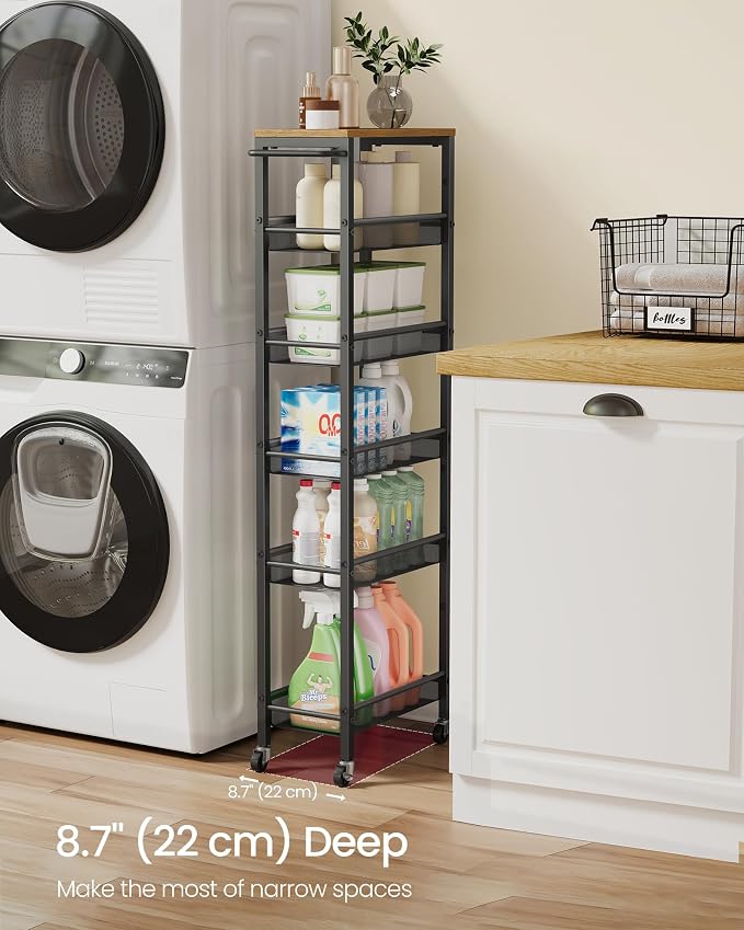 VASAGLE 6-Tier Slim Rolling Storage Cart, Narrow Kitchen Cart with Wheels, Utility Organizer, 17.9 x 8.7 x 51.7 Inch, for Bathroom Pantry, Rustic Brown and Matte Black, Dacey Collection ULRC039K101 - Image 3