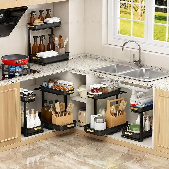 ARSTPEOE Under Sink Organizer - 2 Pack Multi-Purpose Pull-Out Storage Shelf | Slide out Pull out Cabinet Organizer Shelf, Storage for Kitchen Bathroom - Image 6
