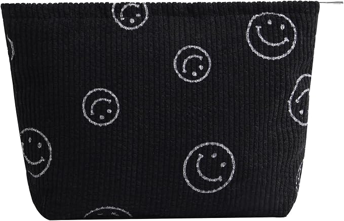 Cosmetic Bags for Women - Corduroy Cosmetic Bag Aesthetic Women Handbags Purses Smile Dots Makeup Organizer Storage Makeup Bag Girls Case Bags (A-Black) - Image 2