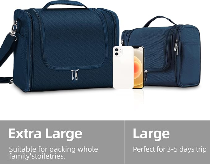 Buruis Extra Large Hanging Toiletry Bag for Women and Men, Blue | Honeycomb Nylon, Detachable Shoulder Strap, Dual Zippers, Metal Hanging Hook, Full-Size Toiletry Storage, Travel Essentials - Image 6
