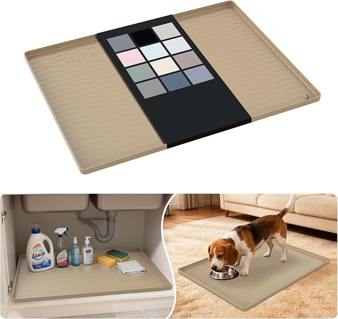 URMONA Waterproof Silicone Under Sink Mat 25'' x 19'' Shelf Liner for Kitchen and Bathroom, Cabinet and Counter Protector, Storage and Organizers, Litter Mat, Pet Cat Puppy Essentials(Khaki) by URMONA