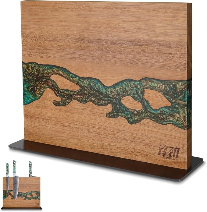 Magnetic Knife Block, Double-Sided Knife Holder with Strong Magnets, Acacia Wood and Golden Green Resin, Countertop Kitchen Knife Storage Stand (12 × 10 Inches, Without Knives) by FINDKING