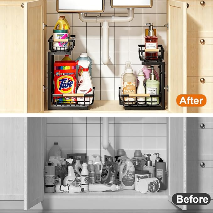 Under Sink Organizer, Adjustable 2 Tier Pull Out Kitchen Bathroom | cabinet organizer, 5 level adjustable, quiet sliding rails, dual suction and nano tape, no drill, rust resistant holds 50 lbs - Image 7