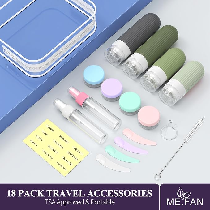 ME.FAN Travel Bottles for Toiletries,18 Pack Silicone Portable Size Bottle, TSA Approved Refillable Cosmetic Container Kits for Conditioner, Shampoo, Lotion,Face Cream - Desert Sage - Image 6