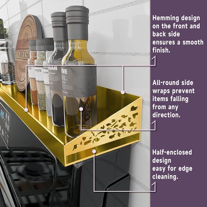 STUTOV 30" Magnetic Stove Top Shelf – Brushed Gold Spice Rack and Seasoning Organizer – Kitchen Shelf for Back of Stove – Over Stove Rack and Storage Organizer - Image 4
