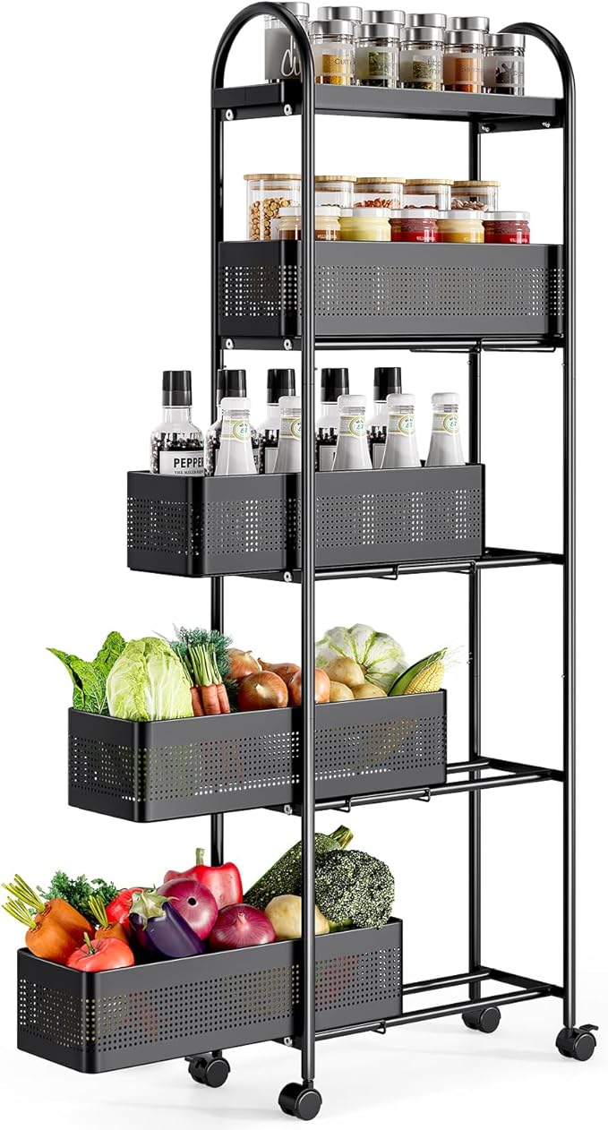 KINGRACK 5 Tier Slim Rolling Cart with Drawer, Metal Utility Storage Cart | 4 Pull-out Baskets, Lockable Wheels, Narrow Space Trolley Organizer for Bathroom, Kitchen, Office, Dorm, Laundry Room, Black by KINGRACK