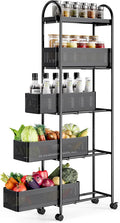 KINGRACK 5 Tier Slim Rolling Cart with Drawer, Metal Utility Storage Cart | 4 Pull-out Baskets, Lockable Wheels, Narrow Space Trolley Organizer for Bathroom, Kitchen, Office, Dorm, Laundry Room, Black by KINGRACK
