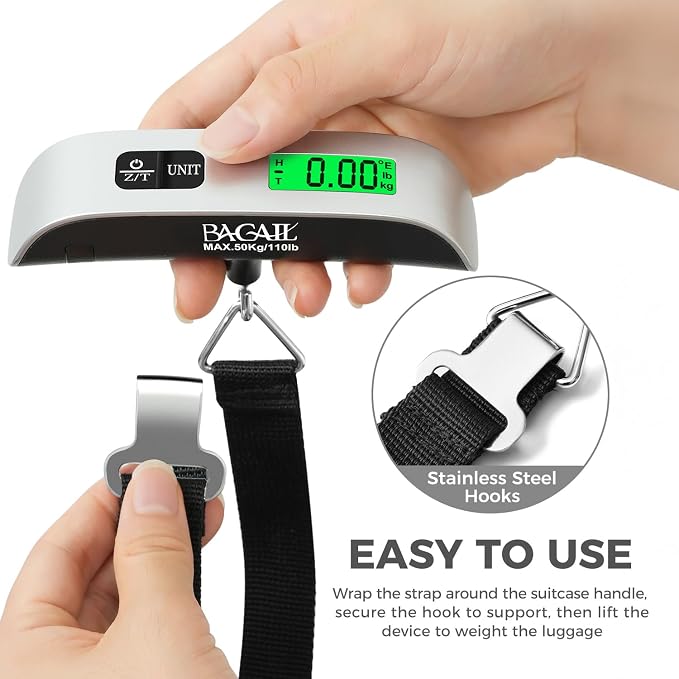 BAGAIL Digital Luggage Scale, 110lbs Hanging Baggage Scale with Backlit LCD Display, Portable Suitcase Weighing Scale, Travel Luggage Weight Scale with Hook, Strong Straps for Travelers - Image 4