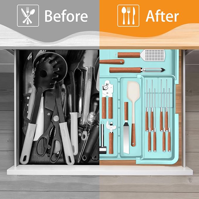 Homecor Utensil Drawer Organizer for Kitchen, Expandable Silverware Organizer Cooking Utensils Tray, Large Cutlery and Flatware Holder, Kitchen Tools & Gadgets Storage (Turquoise) - Image 8