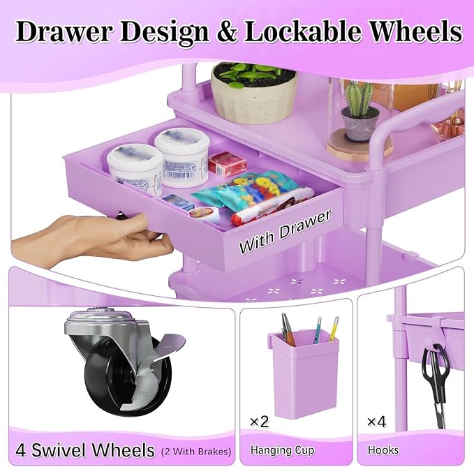 SUNALLY 3 Tier Rolling Cart with Drawer,Craft Storage Cart Organizer,Purple | Bathroom Storage Organizer with 2 Lockable Wheels, Rolling Utility Cart for Kitchen, Office, Baby, Makeup, Nail,Snack,Laundry - Image 3