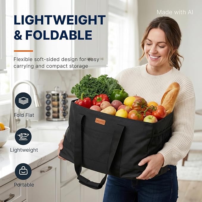 WONDAY Black Foldable Utility Tote Bag, Reusable Grocery Bag | 22x11x13in, holds 50lbs, 600D Oxford fabric with PP board bottom, folds flat, side panels only, not self-standing - Image 2