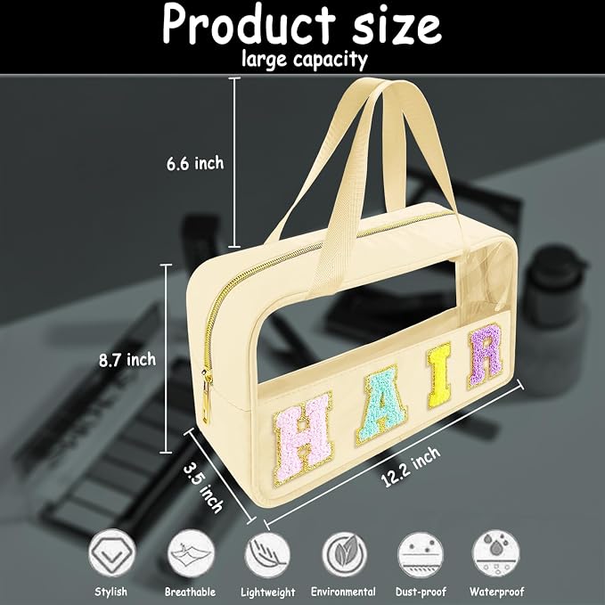 Bunliuys Chenille Letter Clear Makeup Bag Hair Patch, Travel Toiletry Makeup Bag with Handle, Nylon Waterproof Makeup Bags clear cosmetic bag, preppy patch makeup bag for Women (HAIR-Beige) - Image 2