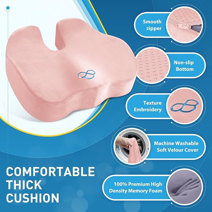 BlissTrends Thick Seat Cushion for Office Chair & Car Seat, XL, Pink | 5.2in Memory Foam with Removable Velvet Cover, Ergonomic Tailbone & Sciatica Support for Pressure Relief and Long Sitting - Image 4