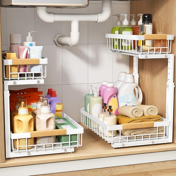 PXRACK Under Sink Organizer, Adjustable Height, 2 Tier Pull Out Under Cabinet Organizer, Slide Out Thickened Metal Under Sink Storage for Kitchen Bathroom Laundry Pantry Cabinet, White, Large-1-Pack - Image 8