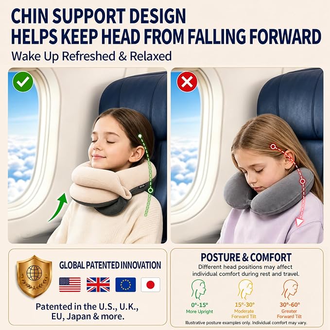 Kids Travel Pillows for Airplane, Memory Foam 360° Head Support Sleeping Essentials for Long Flight, Skin-Friendly Soft Neck Pillow for Traveling in Car Seat, (Small, Beige Grey, 40-90 lbs) - Image 3