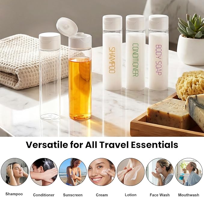 Cosywell 3.4oz Travel Bottles for Toiletries 5 Pack Clear Shampoo Bottles | Preprinted with SHAMPOO, CONDITIONER and BODY SOAP, Leak Proof, TSA Approved, for Lotion Toothpaste Cream, and a Toiletry Bag - Image 6