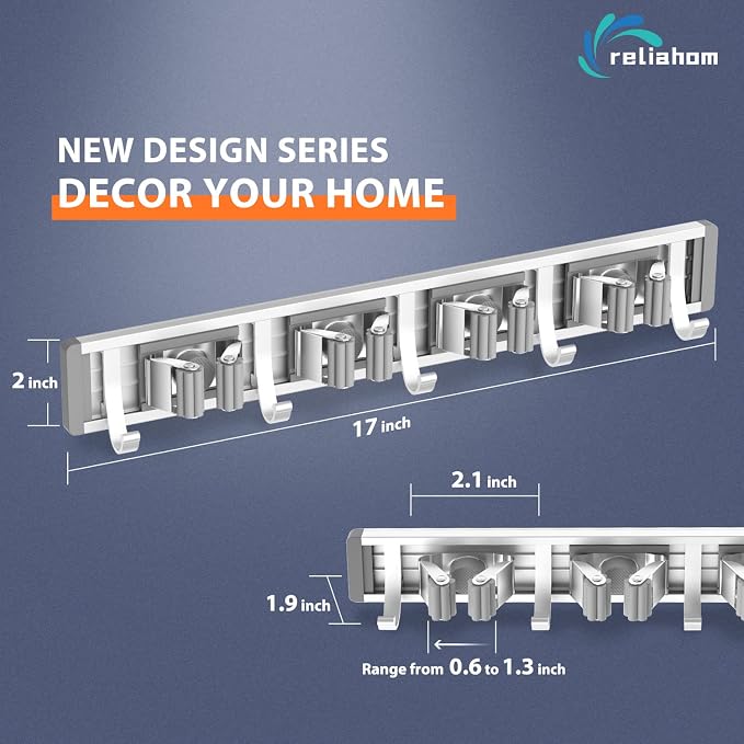 reliahom Broom Holder Wall Mount Mop Hanger Tools organizer 4Racks 5Hooks | Adjustable Mop Broom Wall Hanging Heavy duty Tools Storage Rack Space-saving for Garage,Kitchen,Laundry Room,Garden, Silver - Image 6