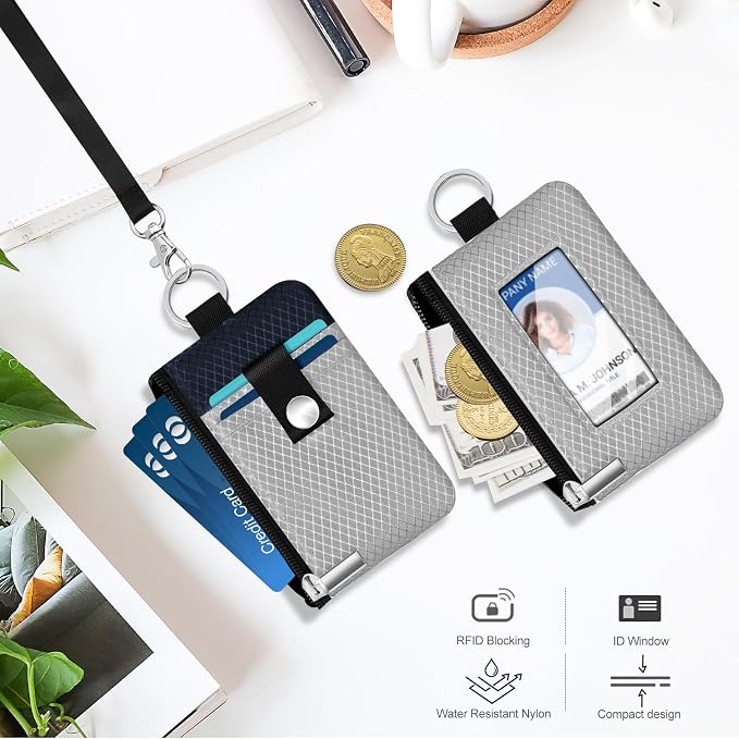 Minimalist RFID Blocking Small Wallet with ID Window,WaterResistant Zip Id Case Wallet with Lanyard Keychain for Cards,Cash,Travel,Women,Men (Light gray/Dark blue) - Image 8