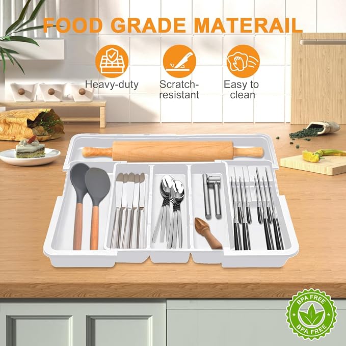 Homecor Kitchen Drawer Organizer Large Expandable Silverware Organizer, Utensil Holder and Flatware Tray, Kitchen Spatula Tools and Gadgets Storage with Removable Knife Blocks and 3 Dividers, White - Image 8