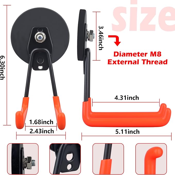 ULIBERMAGNET Magnetic Hooks,Heavy Duty Magnet Hook,Large Manget with Hooks for Hose,Jig Saw,Circular Saw,Workshop Organization,2 Pack Tool Hooks for Hammer Drill,Garden Tool(3.46inch/Orange) - Image 3