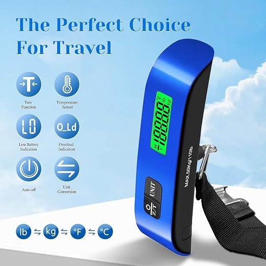 Luggage Scale, 110lb/50kg Portable Luggage Weight Scale, Blue | Unit Conversion,Automatic overload,Low battery warning modes,LED Display,for Weighing Luggage, Backpacks, Fruits and Pets - Image 3