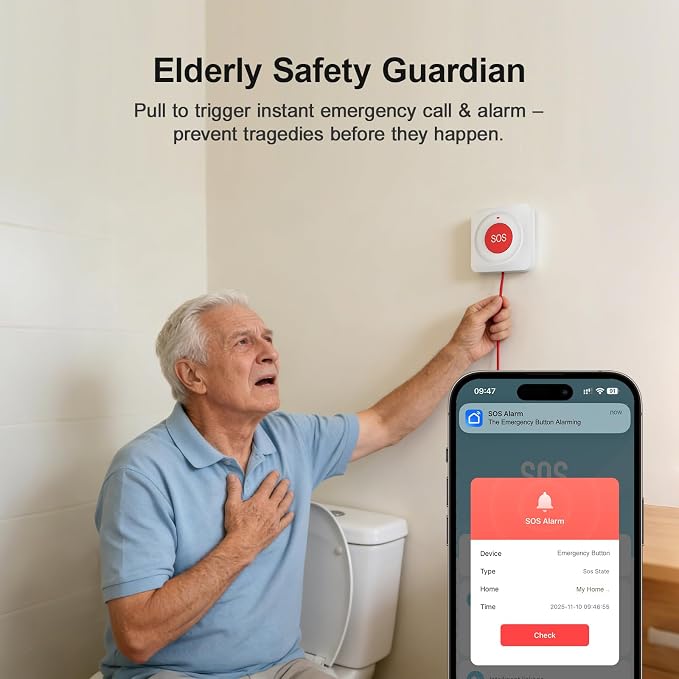 WiFi Call Button for Home Alarm System,Elderly Caregiver Caregiver Call Button with App Notification,Wireless Emergency Button SOS Alarm Bell,Work with Tuya No Monthly Fee,Waterproof - Image 2