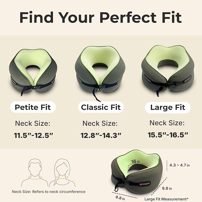 Cesperi® Ergonomic Travel Neck Pillow for Airplanes & Cars, Large | CertiPUR-US® Certified Memory Foam, Washable Cover, Travel Bag, Large Neck Fit, Neck Pillow for Flights (Avocado Green) - Image 4
