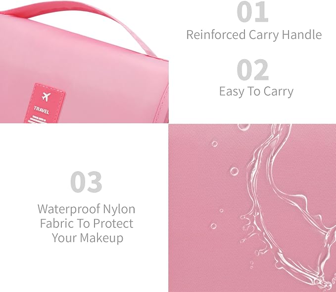 Lcsmaokin Large Capacity Toiletry Bag Travel Bag with Hanging Hook for Men and Women Waterproof Travel Cosmetic Bag Bathroom Storage Bag for Brushes Set, Full-Sized Shampoo,Accessories(Pink Stripe) - Image 4