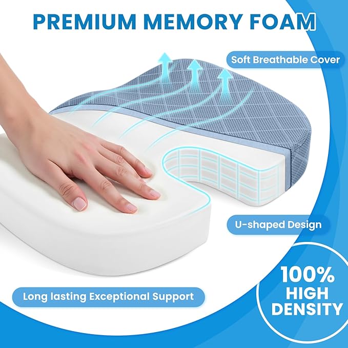 Memory Foam Office Chair Seat Cushion - Light Blue, Large | for Car Seat, Airplane, Desk Chair - Sciatica & Hip & Coccyx Pain Relief Cushion for Long Sitting Office Workers, Car Drivers - Image 3