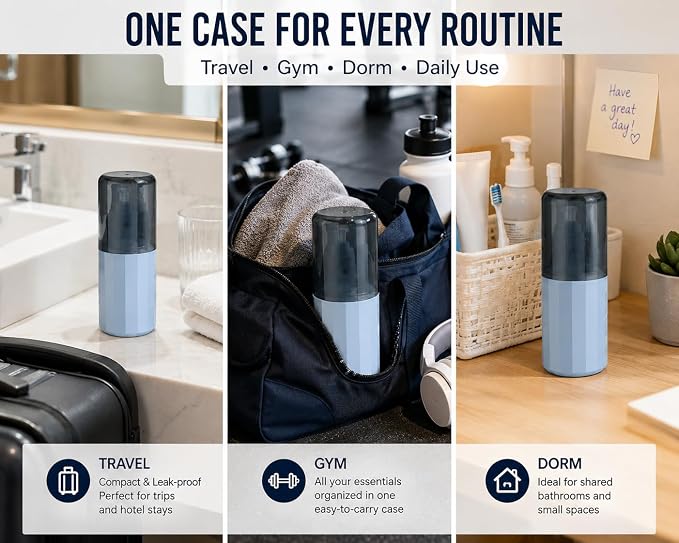 All-in-One Travel Toiletry Organizer with 2 TSA-Approved Size Pump Bottles, Rinse Cup, Quick-Dry Toothbrush Holder & Hidden Storage for Travel, Gym & Dorm - Image 4