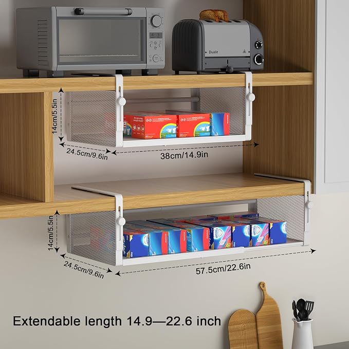 AmonHouseware 2Pack Expandable Under Shelf Storage Basket Organizer, White | Adjustable Hanging,Length Stretchable14.9-22.6Inch,Under Cabinet Shelf for Laundry Room Kitchen Pantry Desk Counter Cupboard - Image 2