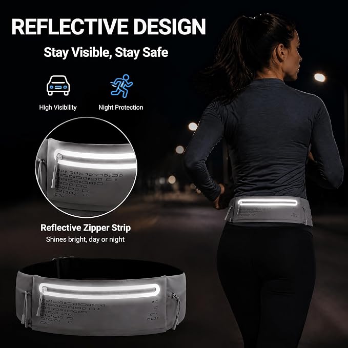 Running Belt Fanny Pack Men Women, Slim No-Bounce Waterproof Phone Holder | Adjustable Elastic Strap Fits 27-43" Hips, Detachable Race Bib Clips, Energy Gel & Sunglasses Loops, 3 IPX4 Pockets - Image 8