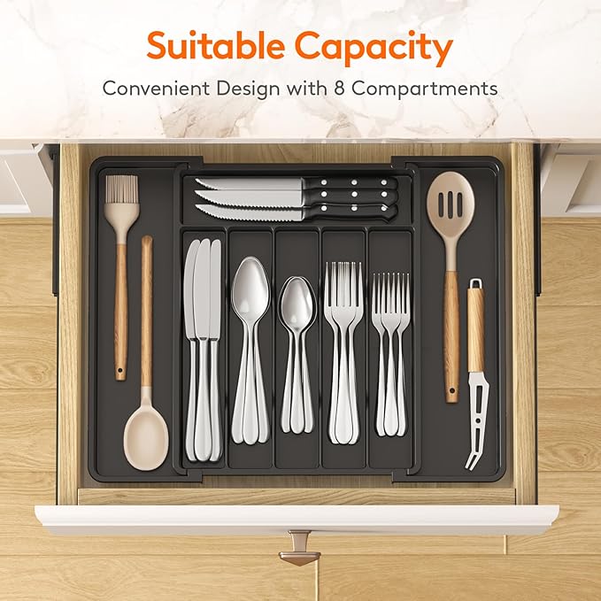Lifewit Expandable Silverware Drawer Organizer, Kitchen Utensil Tray | BPA-free Plastic Flatware Cutlery Holder, Space-Saving Storage for Spoons Forks Knives, 11-18 x 14 x 1.5“, Black - Image 2