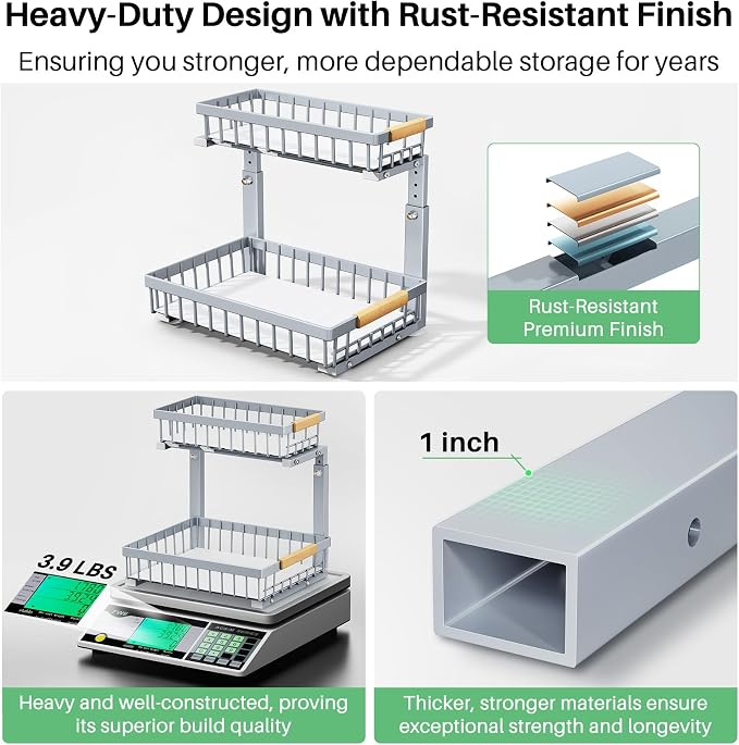 Kitstorack Under Sink Organizer, 2 Tier Under the Sink Storage, Slide out Pull out Cabinet Organizer Shelf, Metal Sliding Drawer for Kitchen Bathroom Pantry Closet Organization Rack, Grey, 1 Pack - Image 5