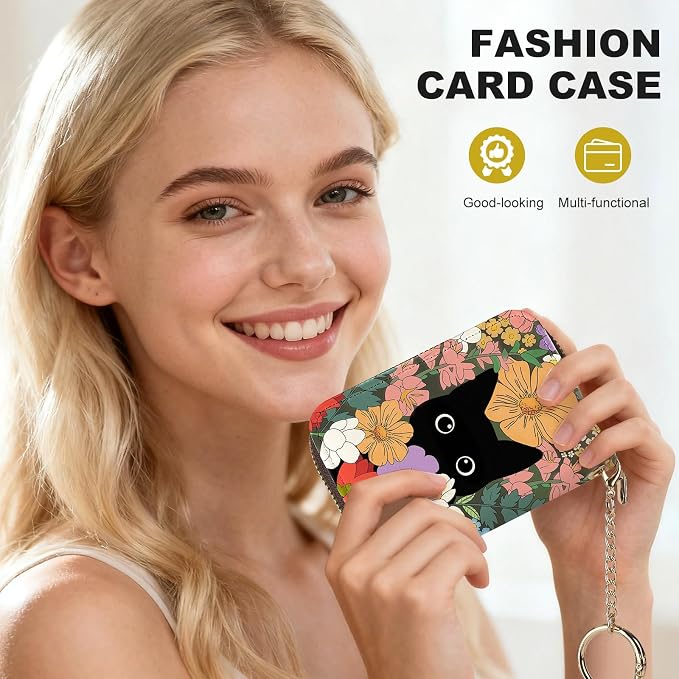 Credit Card Holder for Women,Small Rfid Wallet with Keychain Zipper,Cute PU Leather Card Case Wallet，Accordion Credit Card Wallets Gift,Colorful Flowers and Cats - Image 6