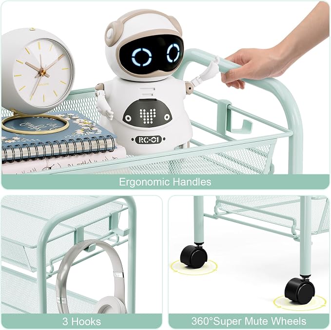 TOOLF 3 Tier Rolling Cart, Metal Utility Storage Cart with Wheels, Green | 3 Hooks, Screwless Assembly, Trolley Organizer for Bathroom, Kitchen, Office, Nursery, Dorm, Laundry Room - Image 3