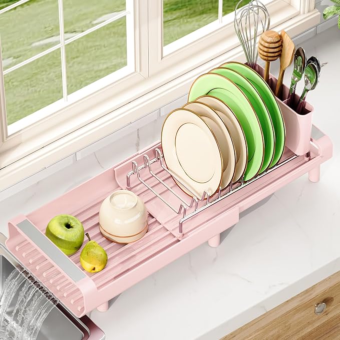 TOOLF Small Dish Drying Rack, Expandable and Space-Saving, Pink | Mini Dish racks for kitchen counter, Compact Design Fits Sink or Counter, Stainless Steel Plate Rack, 11"-19.3"L×7.7"W×3.54"H - Image 8