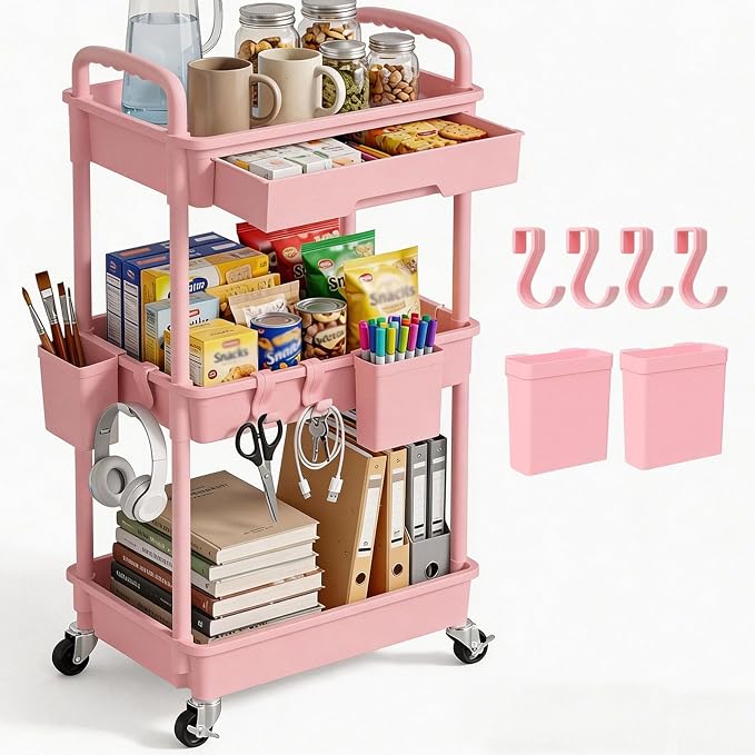 3 Tier Rolling Utility Cart with Drawer, Plastic Storage Organizer Rolling Carts with Wheels Handles Hanging Cups Hooks for Office, Bathroom, Kitchen,Craft Art Room (Pink) by LLMRR