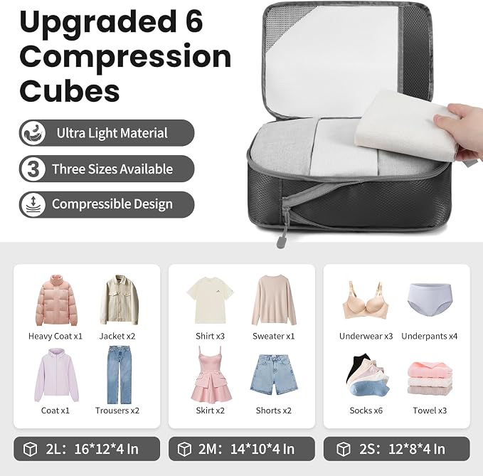 Compression Packing Cubes for Travel, Lightweight Vacation Travel Essentials, Travel Accessories for Suitcase Organizer Bags Set, Durable Luggage Organizer - Image 2