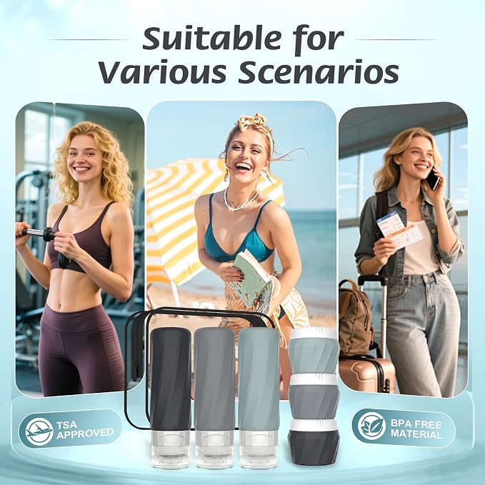 6Pcs Travel Bottles for Toiletries, Silicone Travel Size Containers Set | TSA Approved BPA-FREE Silicone Leak Proof Refillable Bottles and Jars, Women & Men Airplane Cruise Essentials Kit - Image 7