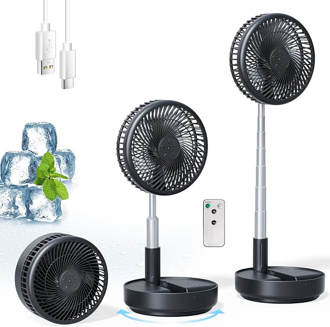 Portable Rechargeable Fan,7200mAh Battery Oscillating Fan with Remote | 6-21H,Foldable, 4 Speed Settings, Desk Travel Fan for Sleeping Camping Cruise, RV - Black 8" by Primelove