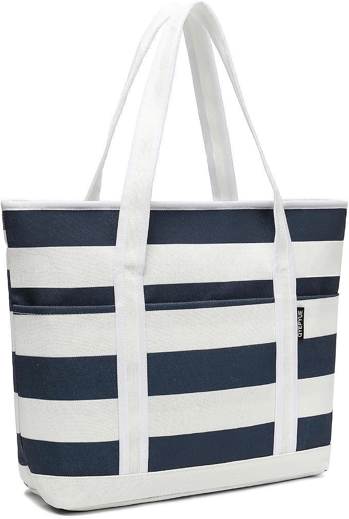 Large Canvas Tote Bag for Women, Beach Bag with Zipper, Utility Tote Bag with 3 Front Pockets, Weekender Pool Bag by CanvasToteBag