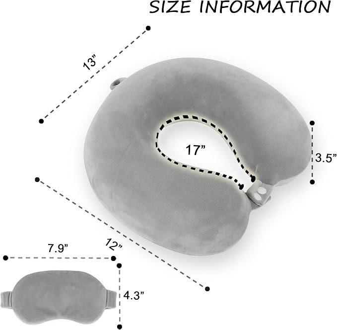 Sexysamba Pure Memory Foam Travel Pillow Set for Adults - Comfortable & Removable Machine Washable Cover, Neck Support Pillow Airplane Travel Kit with Eye Mask for Portable Plane Accessories - Grey - Image 2